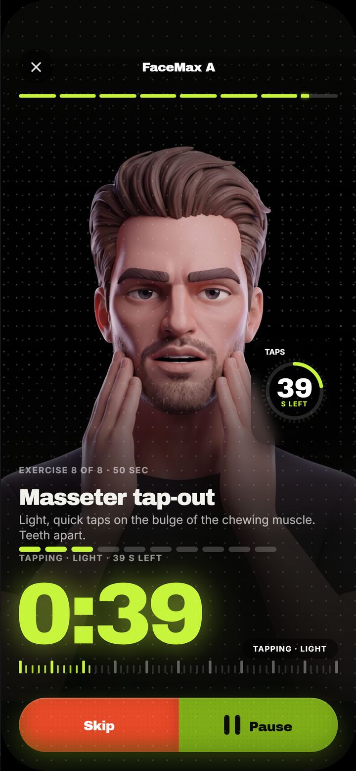 FaceMax A: the coach tapping the masseter, 39 seconds left