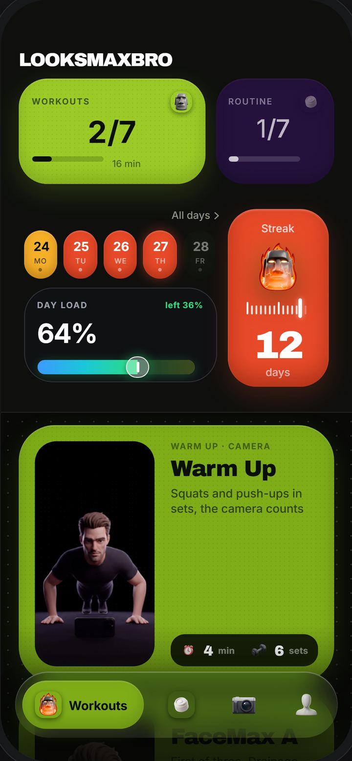 The app’s home screen: Workouts 2 of 7, Routine 1 of 7, day load 64%, streak 12 days